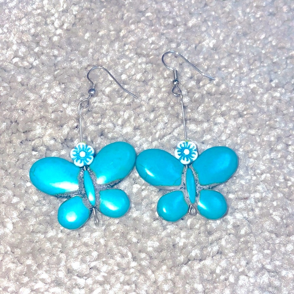New howlite blue butterfly stone earrings with French wire 1.5 inches
